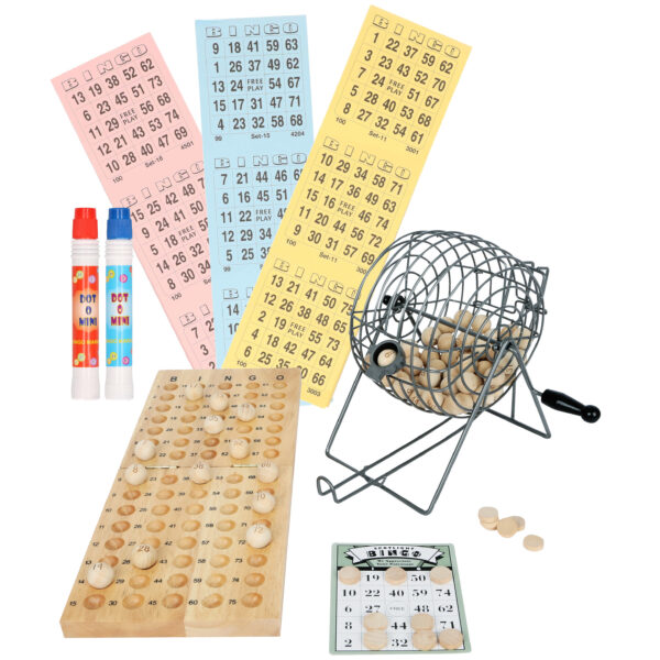 Luxe bingo spel metaal/hout complete set nummers 1-75 met molen/174x bingokaarten/2x stiften
