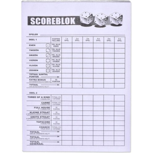 Scoreblok Yahtzee - blok 100 vellen - dobbelspel - punten opschrijven - 10 x 15 cm
