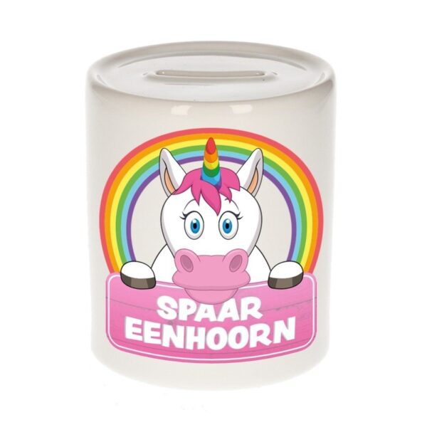 Vrolijke eenhoorn spaarpotten 9 cm