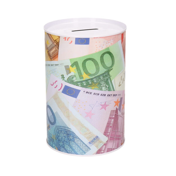 Spaarpot blik euro biljetten - gekleurd - 10 x 15 cm