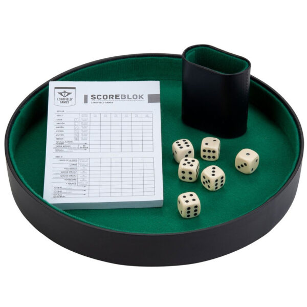 Longfield dobbelset - groen - vilt - 26 cm - incl. pokerpiste, beker, scoreblok en 6 dobbelstenen